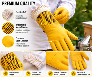Custom Wholesale High Quality Beekeepers Protective <b>Gloves</b> Outdoor Four Seasons Yellow Breathable Mesh Sheepskin Soft Daily - Product Image 6