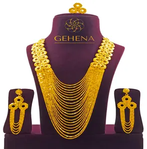 5 gramme 24K Gold Plated Long Necklace Set Earring Collier De Luxe Bijoux Plaque Or Africaine Ensemble Femme Indienne Jewelry