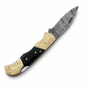 Luxury Handmade Damascus Folding Pocket <b>Knife</b> with Engraved Brass Bolster & Black Wood <b>Handle</b> OEM ODM Manufacturer - Product Image 4