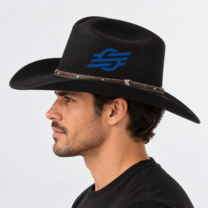 Custom Black <b>Wool</b> Cowboy <b>Hat</b> With Blue Logo Heat Transfer Printing For <b>Men</b> Outdoor Casual Wear 56-58CM - Product Image 4