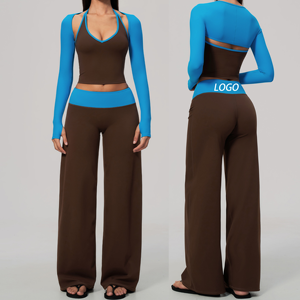 Women's <b>Brown</b> Two-Piece Set Halter Crop <b>Top</b> With Full <b>Sleeve</b> <b>Long</b> Pants Solid Color Knitted Spandex Nylon Loose Fit All Seasons - Product Image 5