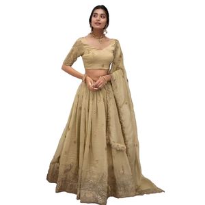 Beige Embroidered Lehenga Choli <b>Wedding</b> Dress Traditional Indian Two Piece Outfit With Dupatta for Bride Party - Product Image 1