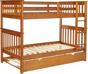 Cadre de lit superposé Twin-Over-Twin durable fabriqué à la main avec gigogne en bois de pin massif couleur naturelle Design traditionnel pour les enfants - Product Image 1