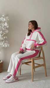 <b>Women</b> Color Block Hooded Zip Up Tracksuit Set Pink White Loose Fit Sweatshirt <b>Sweatpants</b> Two Piece - Product Image 5