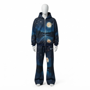 Men Navy <b>Galaxy</b> Print Zip <b>Hoodie</b> Wide Leg Pants Space Print Tracksuit Set Custom Streetwear - Product Image 3