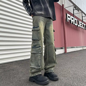 Pantalon en jean ample délavé brodé avec logo personnalisé pour homme – Coupe décontractée mi-haute, jambe large - Product Image 3