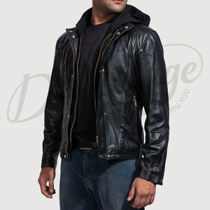 Chaqueta de Cuero Negra para Hombre, Estilo Motero, con Capucha Desmontable, Corte Ajustado, Cuero Genuino, Informal, para Motocicleta, Ropa de Calle - Product Image 1