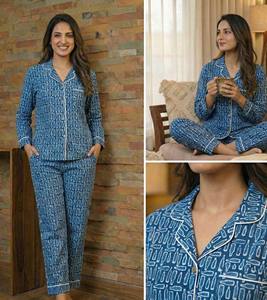 Conjunto de Pijama de Invierno para Mujer, de Algodón Tejido a Mano, Color Índigo, Suave y Sólido |   Ropa de Dormir Hecha a Mano |   Proveedor Mayorista de Ropa de Dormir - Product Image 6
