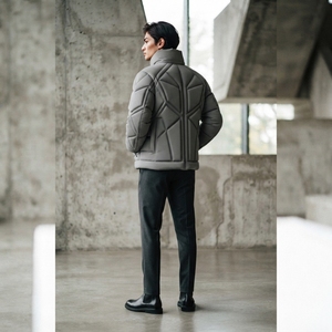 Men <b>Grey</b> Geometric Quilted Puffer Jacket <b>Stand</b> Collar Full Zip Insulated Winter <b>Coat</b> Warm Outdoor Casual Outerwear - Product Image 3