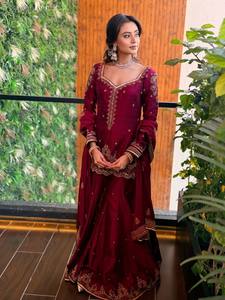 Ensemble Kurta en soie brodée marron pour femme avec pantalon palazzo et dupatta, tenue traditionnelle indienne et pakistanaise pour mariage, longueur au sol - Product Image 3
