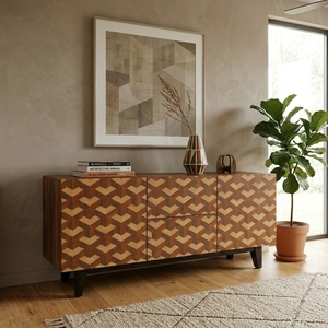 Aparador Moderno de Madera Maciza con Diseño Geométrico 3D en Forma de Cubo, Gabinete de 2 Puertas y 2 Cajones, Base Negra, Mueble para TV y Multimedia - Product Image 2