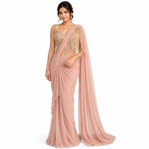 Blusa Moderna de Gasa Rosa Pálido con Lentejuelas y Flecos Bordados a Mano, Lista para Usar en Bodas, Cócteles, Fiestas y Celebraciones de Diwali - Product Image 1