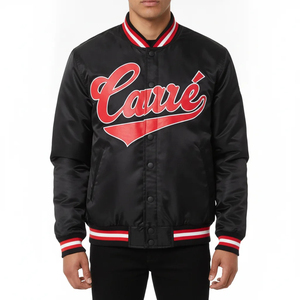 Blouson universitaire noir pour homme avec logo frontal et lettrage rouge, col rabattable, simple boutonnage, vêtement d'extérieur décontracté - Product Image 5