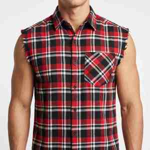 Camisas de Algodón Elegantes Personalizadas para Hombre, Camisa de Franela a Cuadros sin Mangas, Roja, Negra, Blanca, Casual, con Cuello Camisero, Transpirable - Product Image 5