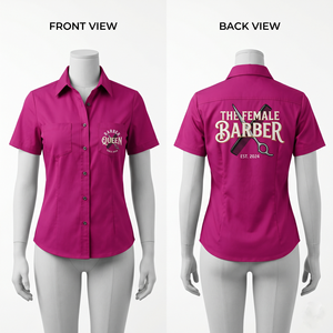 เสื้อช่างตัดผมหญิง ผ้าคอตตอนเจอร์ซีย์พรีเมียม 180 GSM สีชมพู แขนสั้น สกรีนโลโก้แบบ DTF ตามสั่ง เสื้อยูนิฟอร์มร้านเสริมสวย - Product Image 6