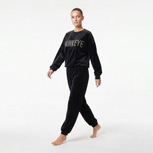 Ensemble de survêtement en velours noir pour femme, sweat-shirt à col rond à manches longues et pantalon de jogging décontracté, logo personnalisé - Product Image 5