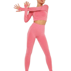 Ensemble de yoga sans couture personnalisé pour femmes, haut court à manches longues, leggings taille haute, vêtements de sport, 2 pièces - Product Image 5