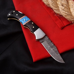 Cuchillo de Acero de Damasco con Hoja de Punta Caída y Mango con Incrustaciones de Turquesa, Cuchillo de Caza de Borde Recto, Longitud Total de 6.5 Pulgadas - Product Image 2
