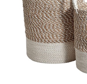 Eco Friendly Hand Woven Seagrass <b>Basket</b> Set Featuring <b>White</b> and Natural Pattern Storage <b>Laundry</b> Hamper Container Bin - Product Image 4