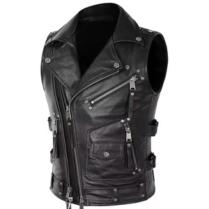 Gilets en cuir pour hommes, sans manches, style motard, gaufrés, couleur unie, pour l'automne - Product Image 2