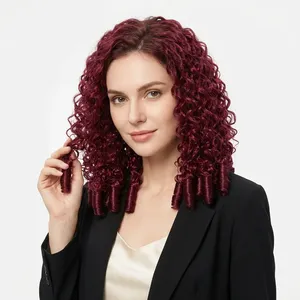Perruque 100% cheveux humains Remy à trame, bouclée, avec mèches, entièrement en dentelle, longue, rouge foncé, texture ondulée naturelle, personnalisable - Product Image 2