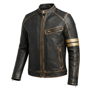 Best Quality Men's Real Sheepskin Leather Biker <b>Jacket</b> <b>with</b> <b>Zipper</b> Bomber Collar Outside Front-Two <b>Pockets</b> Design - Product Image 3