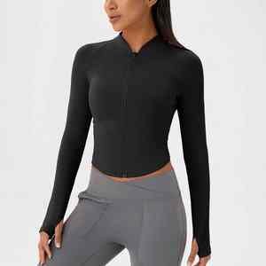 Chaqueta de yoga para mujer, ajustada, de manga larga, lisa, ligera, transpirable, de secado rápido, con cremallera, cuello alto y ribete acanalado, top deportivo. - Product Image 5