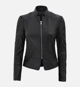 Chaqueta de Motociclista de Cuero PU Negra para Mujer, Cuello Mao, Manga Larga, Cierre de Cremallera, Largo Regular, Ropa de Invierno, Protección UV - Product Image 1