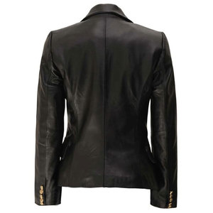 Women's Black Genuine Lambskin <b>Leather</b> <b>Blazer</b> Double-Breasted Slim Fit <b>Jacket</b> Custom Fashion Coat 2026 - Product Image 2