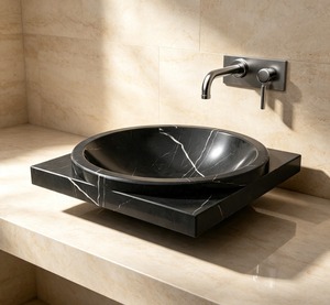 Lavabo vasque moderne en marbre noir, finition polie, design minimaliste à poser sur le plan de salle de bain - Product Image 1