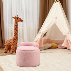 Modern Round Teddy Velvet Upholstered Storage Ottoman with Low Back Plush <b>Footrest</b> for Bedroom & Living Room Loung - Product Image 3