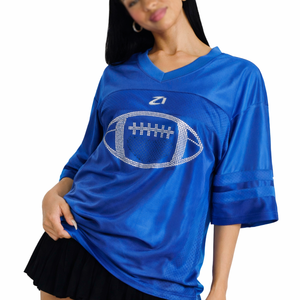 เสื้อเจอร์ซีย์อเมริกันฟุตบอลผู้หญิงสีน้ำเงินคุณภาพพรีเมียม ตกแต่งด้วยกราฟิกคริสตัล ผ้าโพลีเอสเตอร์ทรงโอเวอร์ไซส์ เสื้อยืดกีฬาแฟนเวียร์แบบสั่งทำพิเศษ - Product Image 6