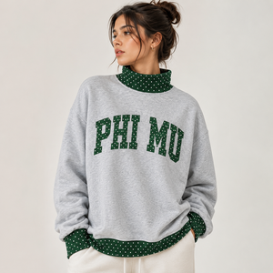 Sudadera de cuello redondo para mujer Phi Mu, azul marino con ribete de lunares, de algodón tejido, holgada, transpirable, cómoda, con cuello simulado y apliques. - Product Image 5