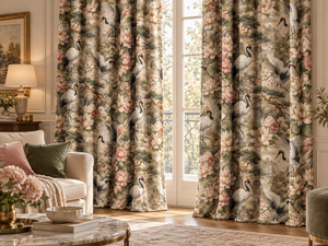 Paneles de Cortina con Diseño Floral de Grullas Estilo Chinoiserie, Cortinas Beige con Estampado Botánico para Sala de Estar - Product Image 2