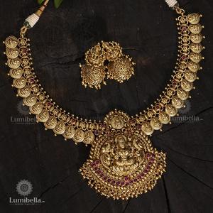 <b>Ruby</b> Temple Nakshi Gold Plated Zircon <b>Necklace</b> Set-Fine Bridal Jewelry - Product Image 1