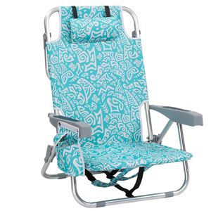 Sedia da Spiaggia Pieghevole Regolabile in Alluminio con Altezza Seduta 8,5 Pollici, Poggiatesta con Motivo Tribale Teal e Cinghia per Spalla - 1 Pezzo - Product Image 3