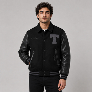 Veste varsity noire pour homme avec manches en cuir PU rouge, col rabattu, fermeture éclair avant, streetwear décontracté, vêtements d'extérieur pour l'automne - Product Image 4