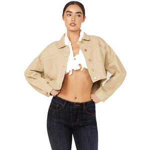 Veste en jean courte beige pour femme, style utilitaire, manches longues, col rabattu, fermeture boutonnée, imperméable, style automne-hiver - Product Image 1