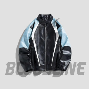 Men's Black Red PU Leather Moto <b>Biker</b> <b>Jacket</b> Stand Collar Zipper Closure Color Blocking Autumn Wear - Product Image 3