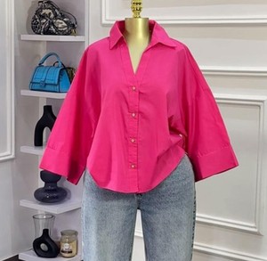Camisa de Mujer, Azul Claro, Corte Holgado, con Botones, Manga Tres Cuartos, Estilo Casual, Color Sólido, Popelina, Cuello Camisero - Product Image 3