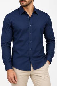 Chemise habillée unie à manches longues pour homme, col montant, 100 % coton tricoté, infroissable, boutons en corne, décontractée, respirante, écologique, ODM - Product Image 3