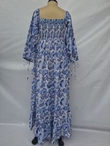 Vestido Midi Azul Gótico Vintage con Encaje y Estampado Floral, 100% Algodón, Mangas Abullonadas, Sin Cuello, Fruncido, Corte en A, Casual, Verano, Diario, Oficina - Product Image 3
