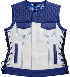 <b>Men's</b> Blue And <b>White</b> Leather Moto Biker <b>Vest</b> With Side Lacing And Pockets O-Neck Regular Length Outer Wear - Product Image 1