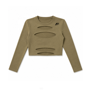 Camiseta de manga larga con corte recortado para mujer, ajustada, elástica, informal, de tela suave, cuello redondo, con logo personalizado. - Product Image 3