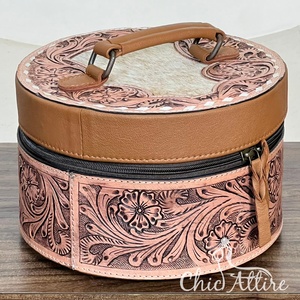 Vintage Floral Cowhide Full Hand Tooled <b>Leather</b> Round <b>Jewelry</b> <b>Box</b> Floral Embossing Vintage Style Durable <b>Jewelry</b> Storage Case - Product Image 1