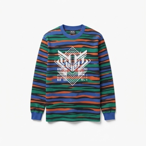 เสื้อยืดแขนยาวลายทางผู้ชายแบบสั่งทำพิเศษ พิมพ์ลายกราฟิกสไตล์วินเทจ คอกลม สตรีทแวร์ ผลิตตามแบบ OEM ผ้าฝ้าย 100% เป็นมิตรกับสิ่งแวดล้อม ทรงปกติ - Product Image 1
