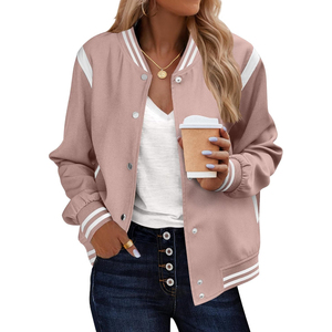 Chaqueta Varsity Rosa para Mujer, Informal, Color Sólido, Cierre de Botones, Cuello Camisero, para Otoño, Corte Regular, Mezcla de Algodón y Poliéster - Product Image 6