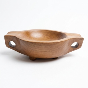 Cuenco decorativo de madera con base y doble asa, bandeja de madera artesanal, pieza central artística, adorno para el hogar, bandeja para frutas - Product Image 1