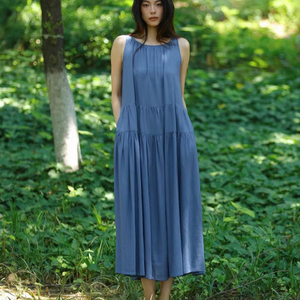 Women Sleeveless Cotton Midi Dress Loose Fit Tiered A Line Casual Summer Dress Blue Minimalist Style - Product Image 1