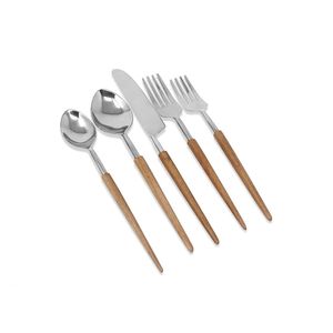 Juego de cubiertos metálicos ecológicos con mango de madera, utensilios de comedor reutilizables y sostenibles para una mesa elegante. - Product Image 1